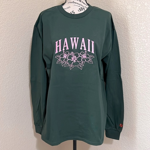 Hawaii Long Sleeve Green Tee Top Cotton Blend - Picture 1 of 5
